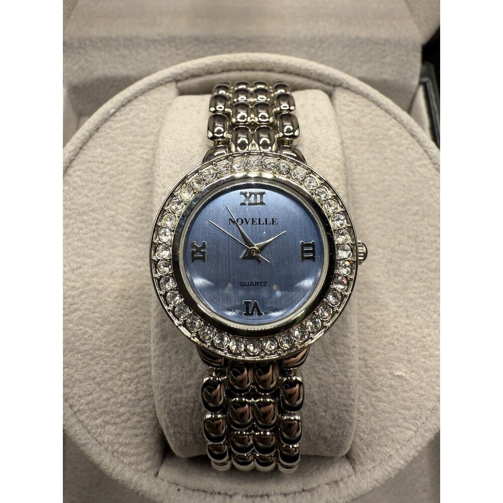 Novelle Watch Womens 26mm Silver Tone Crystals Blue Dial New Battery 7.25"